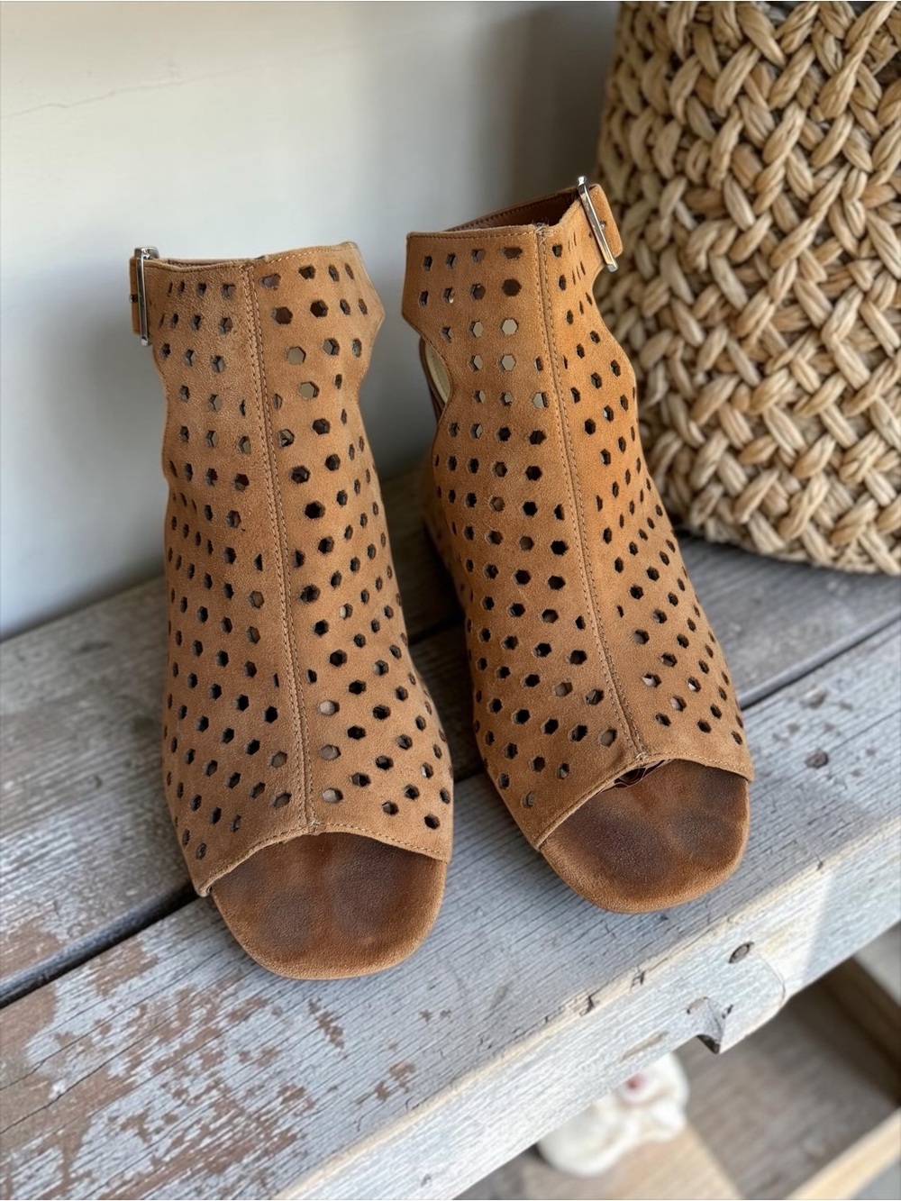 Marc Fisher Tan Suede Perforated Peep-Toe Sandal Mules